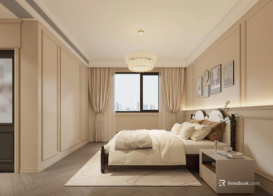 Elegant Bedroom Interior Design With Beige Tones Bed Chandelier And Decorative Paintings 3d model 
