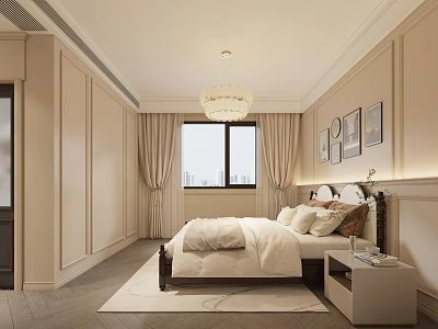 Elegant Bedroom Interior Design With Beige Tones Bed Chandelier And Decorative Paintings 3d model