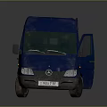 Blue Van With Open Side Door And White Stripe Design On Body