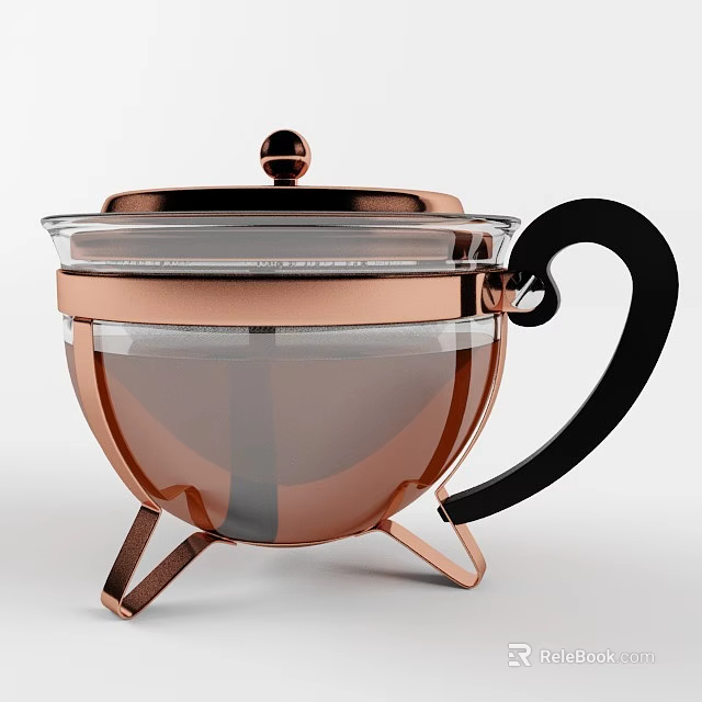 Modern Copper Glass Teapot with Transparent Body Black Handle and Copper Stand 3d model 
