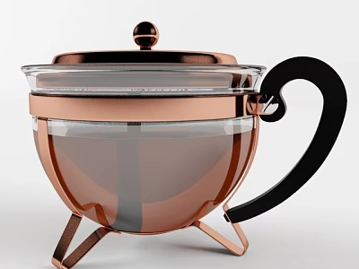 Modern Copper Glass Teapot with Transparent Body Black Handle and Copper Stand 3d model