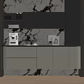 Modern Sideboard With Marble Backdrop Shelves Gray White Cabinets And Coffee Machine