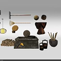 Traditional Rustic Stone Stove With Firewood Woven Baskets And Tools
