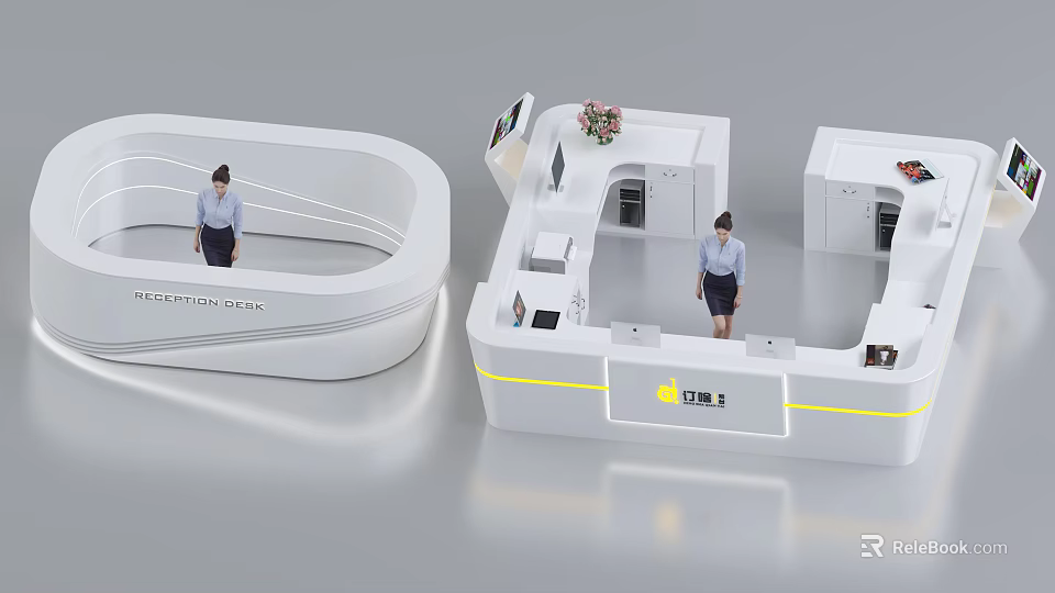 Modern Reception Desk Design With Curved White Finish Digital Screen Flower Decoration And Staff 3d model 