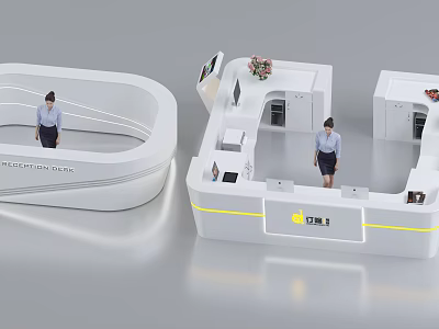 Modern Reception Desk Design With Curved White Finish Digital Screen Flower Decoration And Staff 3d model