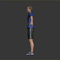 Man In Blue T-shirt And Black Shorts With Arms Outstretched On Gray Gradient Background