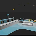 Colorful Paper Planes Hanging Over White Blue Platforms With Small Umbrella And Chairs