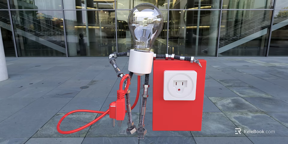 Bulb Shaped Decorative Lamp with Metal Stand Red Cable and Red Square Box Power Socket 3d model