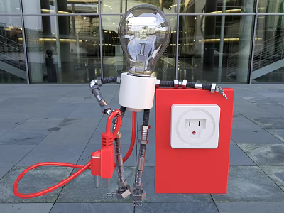 Bulb Shaped Decorative Lamp with Metal Stand Red Cable and Red Square Box Power Socket 3d model
