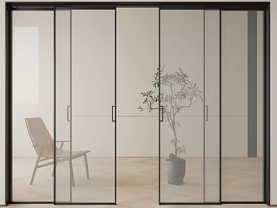 Modern Glass Sliding Doors with Black Frames in Interior Room Featuring Chair And Plant 3d model