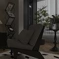 Beige Upholstered Leisure Chair With Dark Wood Frame On Patterned Rug And Indoor Plants