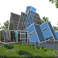 Modern Geometric Guesthouse Building With Blue Walls Glass Windows And Garden Greenery