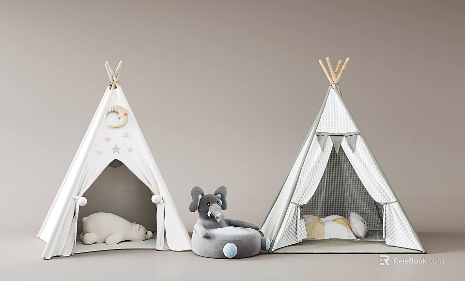 Kids Teepee Tents With Star Decor And Stuffed Elephant Bear Toys 3d model 