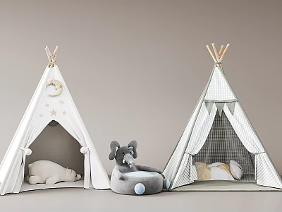 Kids Teepee Tents With Star Decor And Stuffed Elephant Bear Toys 3d model