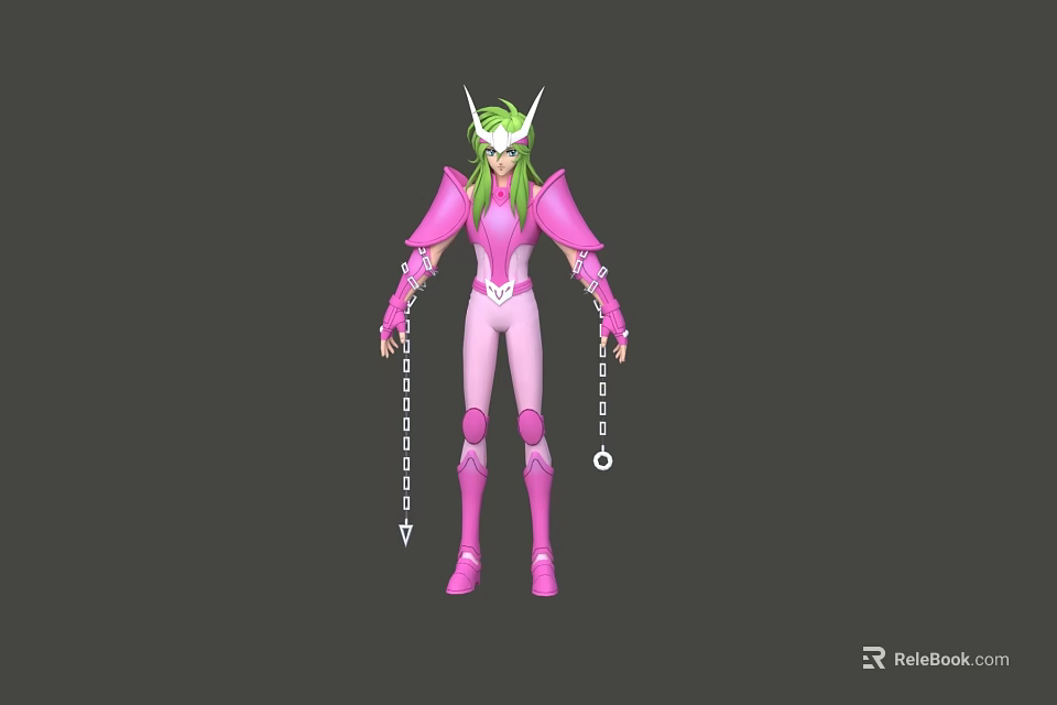 Green Haired Game Character In Pink Armor With White Headgear And Warrior Outfit 3d model 