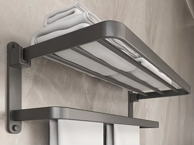 Two Tier Wall Mounted Black Metal Bathroom Rack With Folded Towels And Hanging Bar 3d model