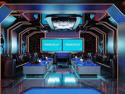 Futuristic KTV Private Room Interior With Sofas Tables And Screens 3d model