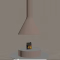 Modern Reddish Brown Fireplace With Hanging Conical Chimney Circular Base Burning Flame And Wooden Wall