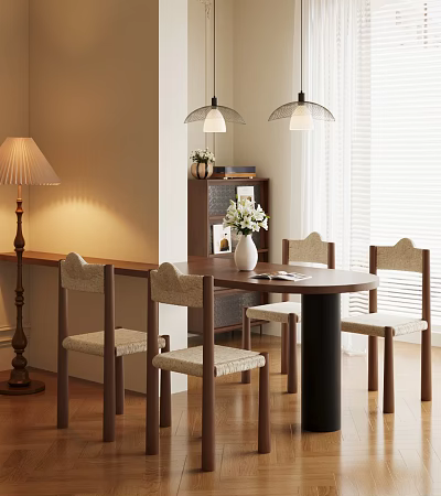 Warm Dining Table Set With Round Wooden Table Upholstered Chairs Pendant Lights And Flower Vase 3d model