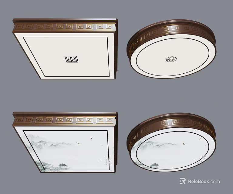 Square And Round Chinese Style Flush Mount Ceiling Lights With Decorative Frame And Landscape Pattern 3d model