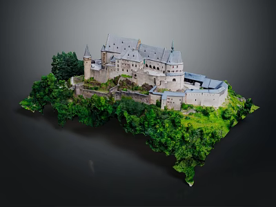 Ancient Stone Castle With Multiple Towers Surrounded By Lush Green Trees And Grass 3d model