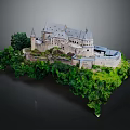 Ancient Stone Castle With Multiple Towers Surrounded By Lush Green Trees And Grass