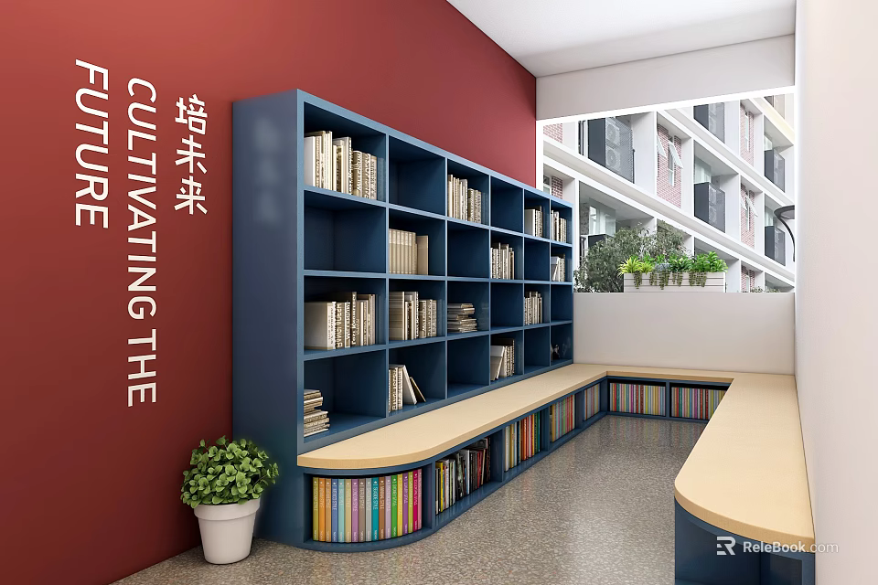 Creative Book Art Library Design With Blue Bookshelves Red Wall And Green Plants 3d model 