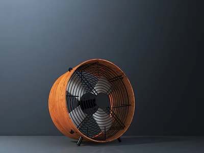 Vintage Brown Wooden Air Cooler Fan With Metal Grille In Minimalist Gray Setting 3d model