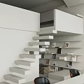 Open Public Office Space With White Structure Staircase Bookshelves Red Chair And Arched Ceiling