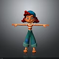 Cheerful Cartoon Girl With Red Hair Blue Cap Striped Shirt And Green Pants Arms Outstretched