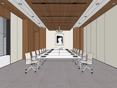 Modern Conference Room Interior With Long Table Chairs Projection Screen And Wooden Ceiling 3d model