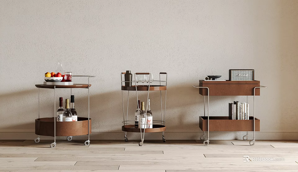 Three Rolling Side Tables With Wooden Shelves Metal Frames Fruits Wine Glasses And Books 3d model 