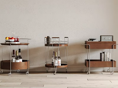 Three Rolling Side Tables With Wooden Shelves Metal Frames Fruits Wine Glasses And Books 3d model