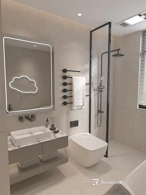 Modern Bathroom Interior With Cloud Neon Mirror Black Towel Rack White Vanity And Shower Area 3d model 