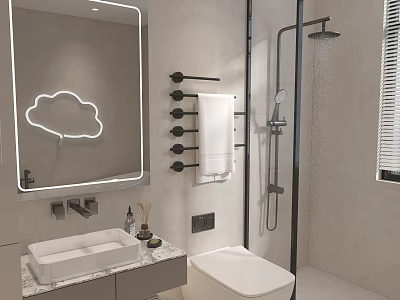 Modern Bathroom Interior With Cloud Neon Mirror Black Towel Rack White Vanity And Shower Area 3d model