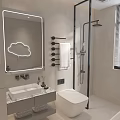 Modern Bathroom Interior With Cloud Neon Mirror Black Towel Rack White Vanity And Shower Area