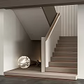 Modern Staircase With Wooden Steps Metal Handrail Vertical Slat Wall And Round Light Fixture