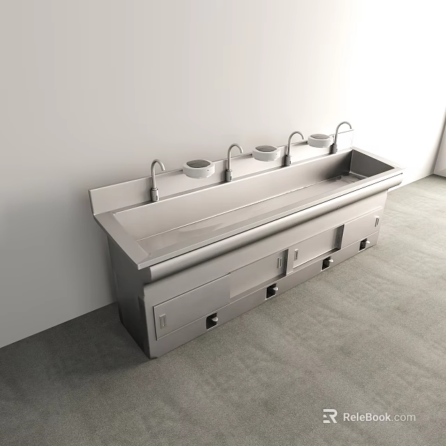 Modern Sleek Stainless Steel Bathroom Washbasin With Storage Cabinets And Multiple Faucets 3d model 