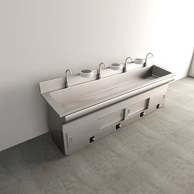 Modern Sleek Stainless Steel Bathroom Washbasin With Storage Cabinets And Multiple Faucets 3d model