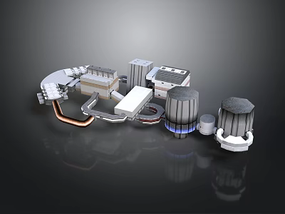Metallic Industrial Scene Components With Cylindrical Towers Square Structures And Blue Lights 3d model
