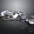 Metallic Industrial Scene Components With Cylindrical Towers Square Structures And Blue Lights