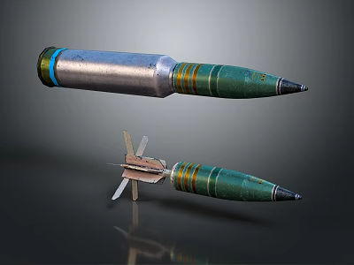 Military Artillery Projectile Weapons With Two Different Lengths Green Silver Casings And Bottom Fins 3d model