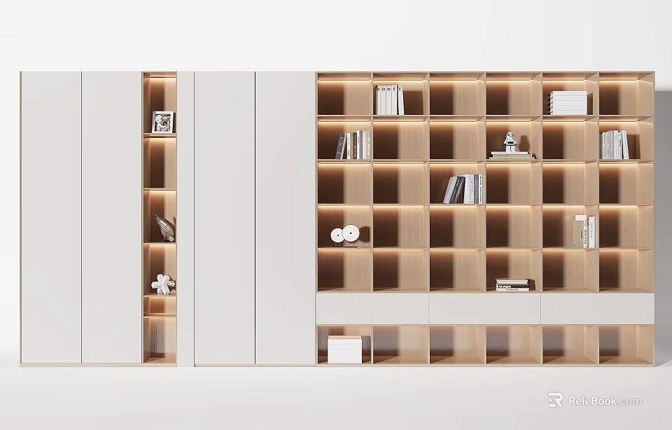 Modern Decorative Cabinet With Open Wooden Shelves Lighting And Books Decor Items 3d model 