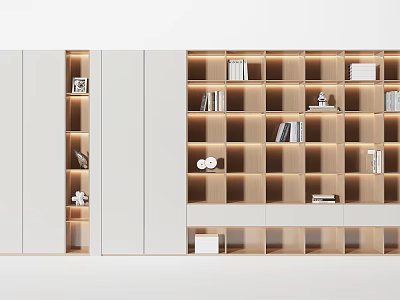 Modern Decorative Cabinet With Open Wooden Shelves Lighting And Books Decor Items 3d model