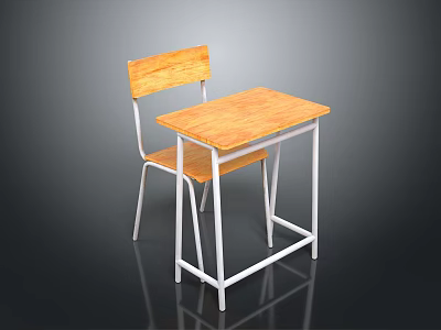 Light Wooden Desk And Chair Furniture Set With White Metal Legs 3d model