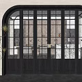 Black Frame Arched Top Textured Glass Folding Doors With Light Wall Gray Floor And Potted Plant