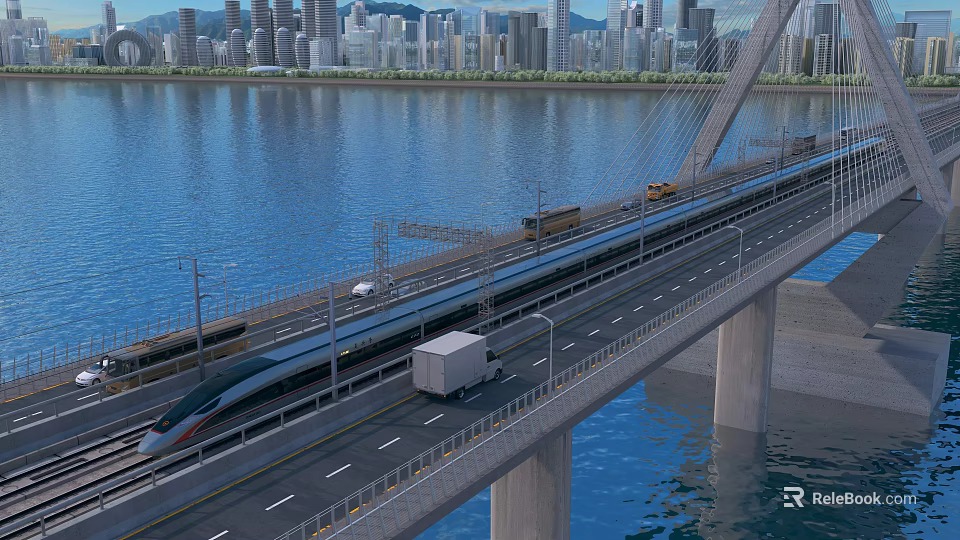 Modern Bridge with High-Speed Train and Truck Over River Against City Skyline 3d model 