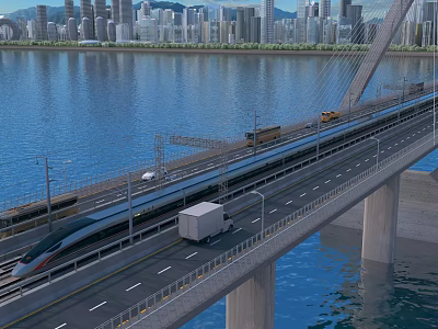 Modern Bridge with High-Speed Train and Truck Over River Against City Skyline 3d model