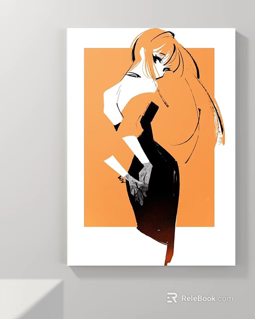 Abstract Painting Featuring Modern Female Silhouette With Orange Background Black Dress And Curved Lines 3d model 