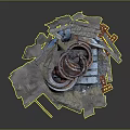 Abstract Scene Components Featuring Metal Plates Wooden Planks Circular Rings Bricks And Blue Elements